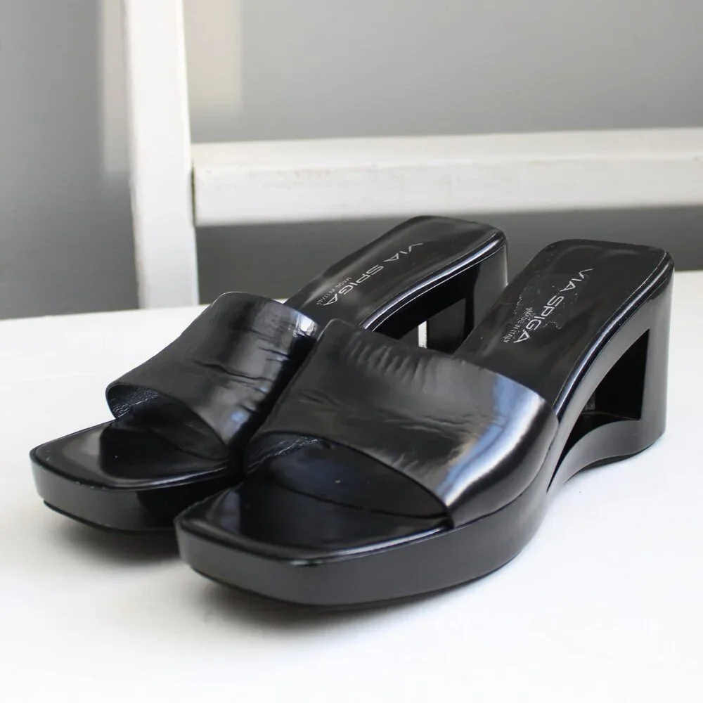 Via Spiga Black Acrylic Lucite Platform Wedge Cut-Out Heel Sandals Size 8.5 - Picture 2 of 8
